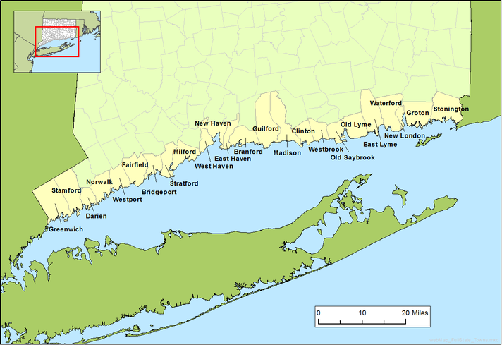 Map of Connecticut Shore with towns